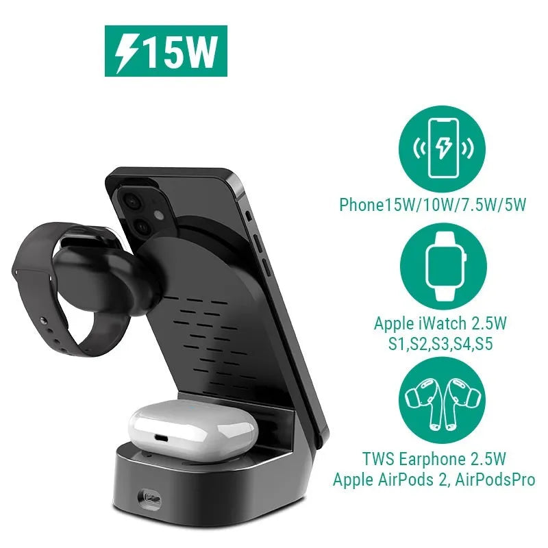 Black grey foldable 3-in-1 wireless charging vertical stand for mobile phone, Apple Watch and earbuds case