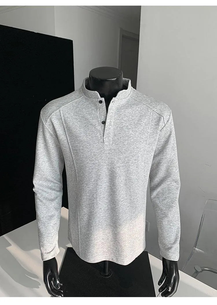 Men's asymmetric patchwork long sleeve polo shirt with a stand-up collar in heather grey.