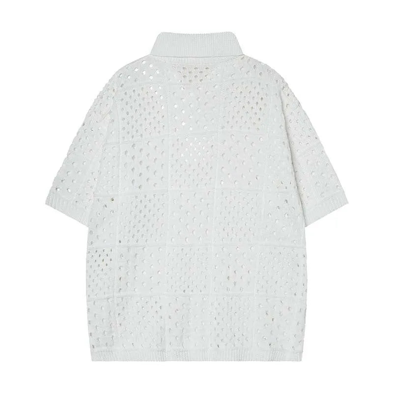 Short-sleeved knitting polo shirt with solid colour hollow design, loose cardigan style