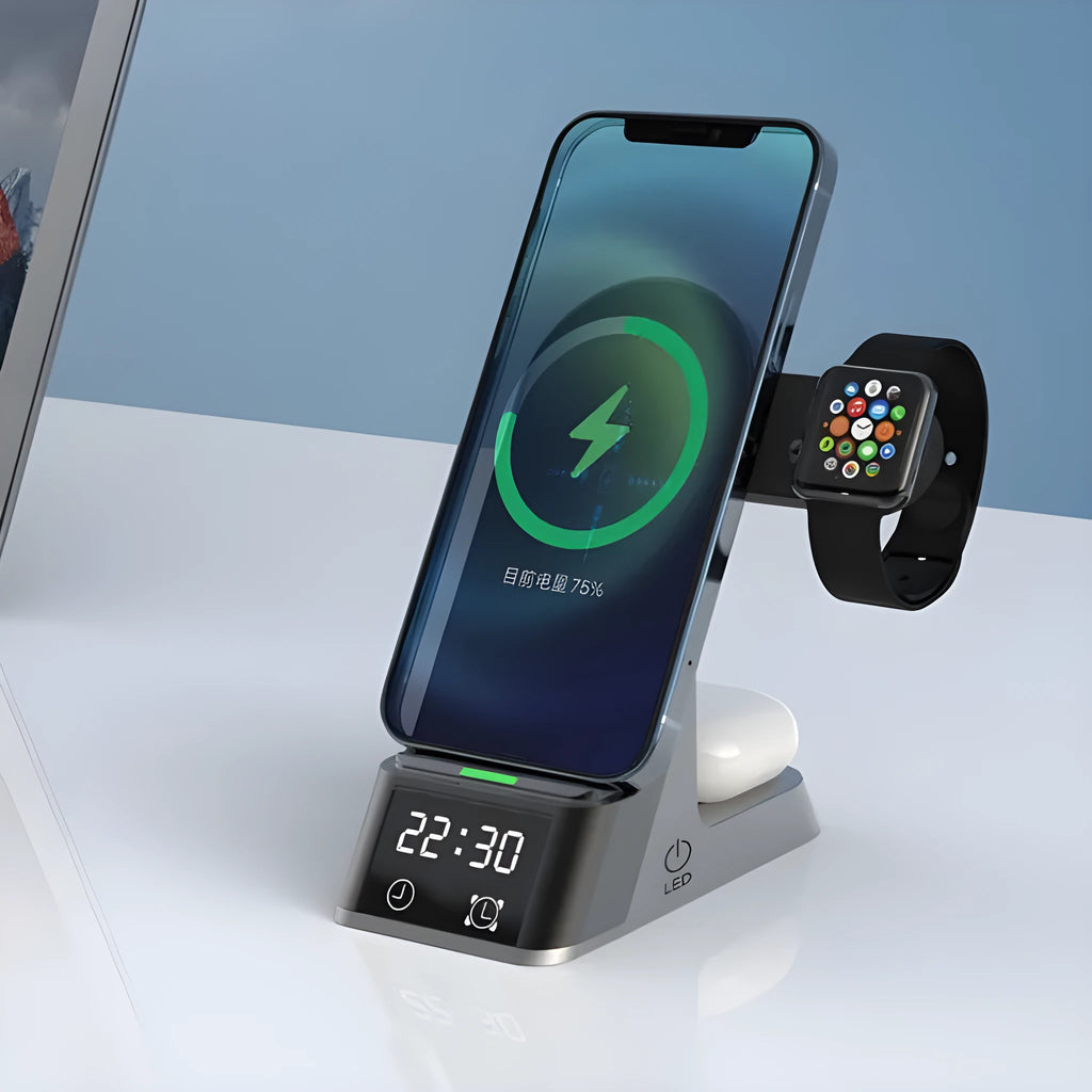 Black multifunctional alarm clock with wireless charging station for phone, Apple Watch, and earbuds