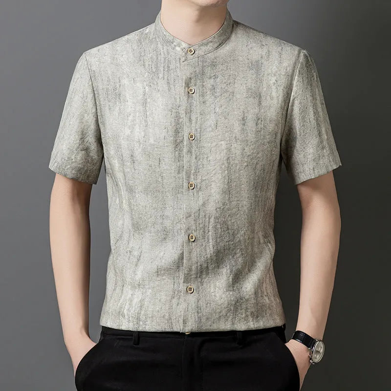 Men's loose grey cardigan shirt with stand collar and short sleeves on a hanger