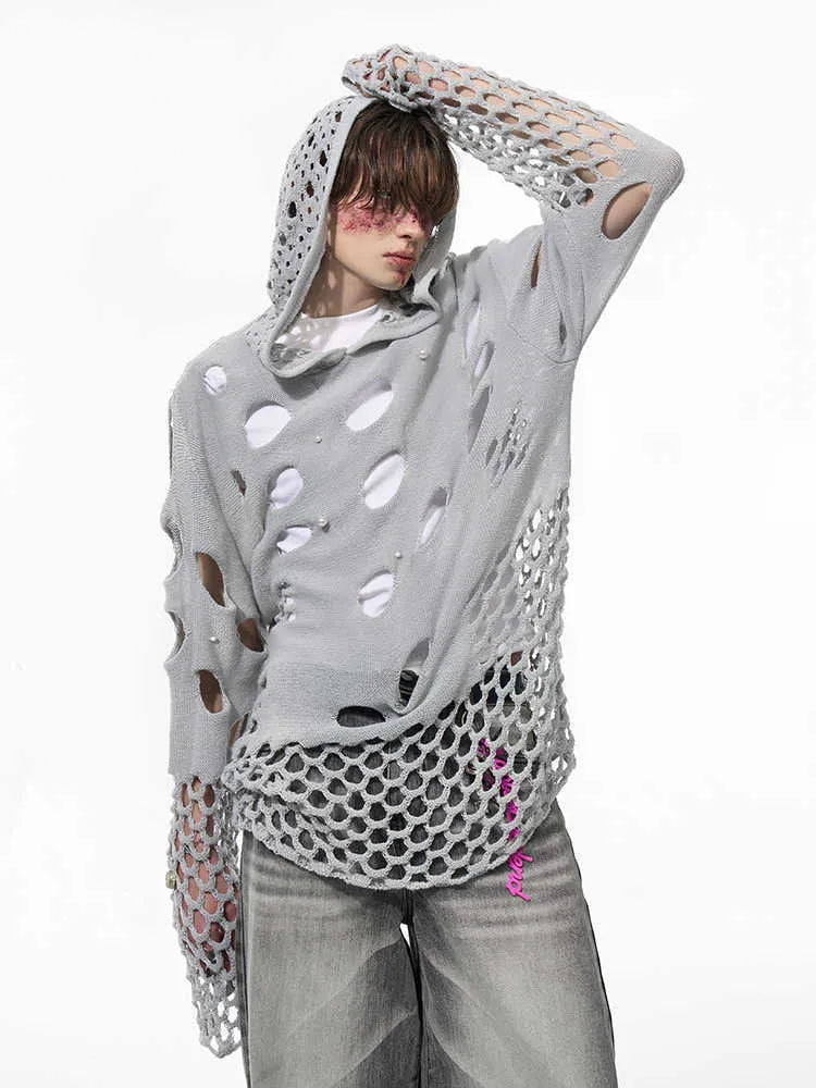 Black men's hoodie with pearl decoration on hood, loose fit thin knit pullover
