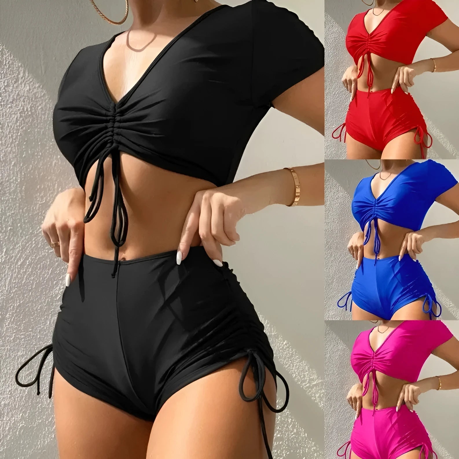 Women's lace-up bow two-piece swimsuit in polyester with matching top and shorts