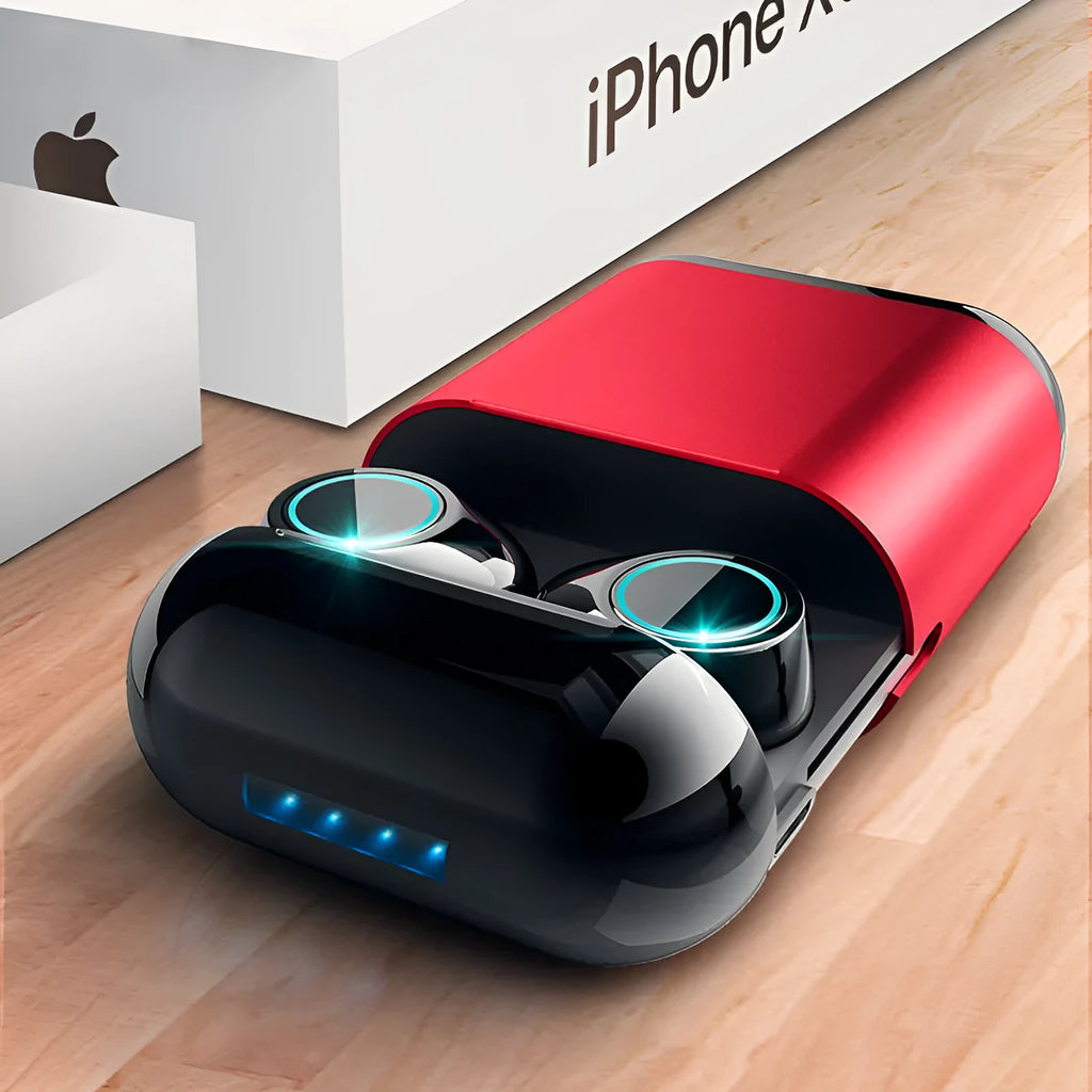 Black Bluetooth TWS wireless earbuds with a charging case, shown with gold and light grey colour options.