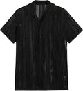 Men's black knitted short-sleeved cardigan shirt with jacquard pattern and button front.