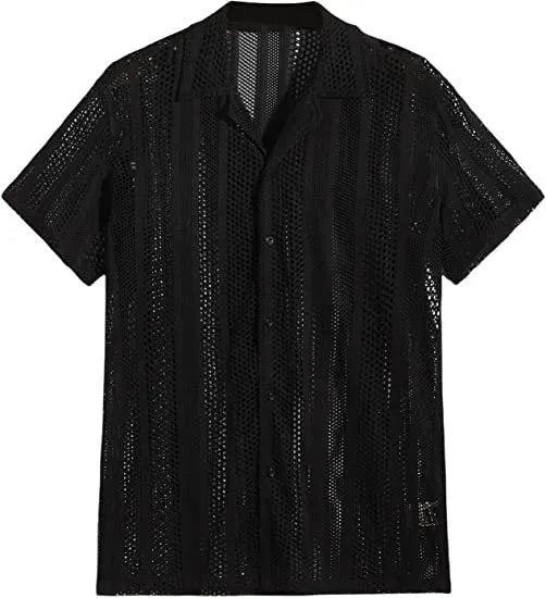 Men's black knitted short-sleeved cardigan shirt with jacquard pattern and button front.