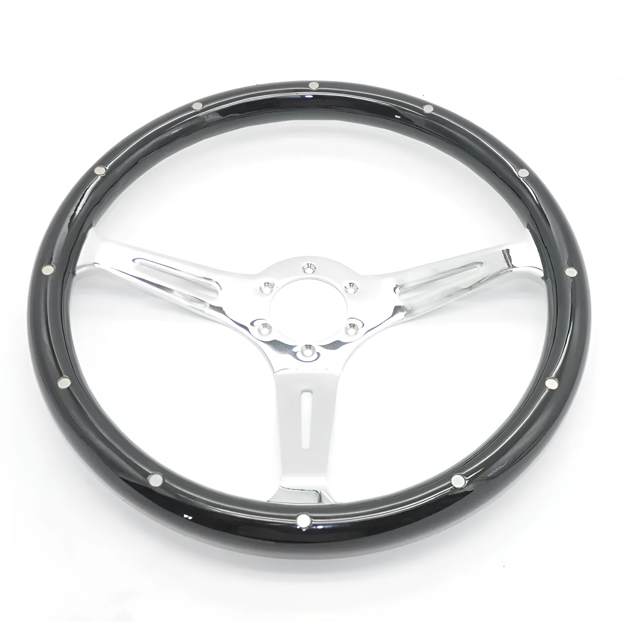 Black electroplated classic car steering wheel made from peach wood with 15 inch diameter