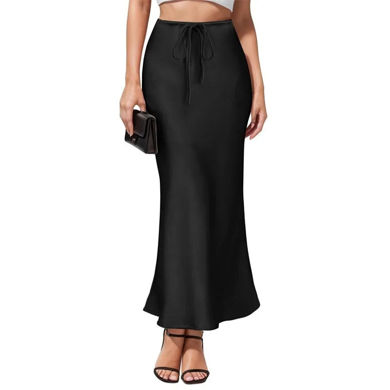 Asymmetric high waist skirt in acetate satin fabric with irregular stitching detail, shown in a choice of colours.