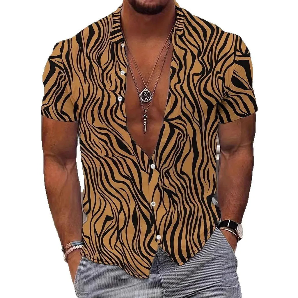 Men's geometric line pattern print shirt with lapel collar and short sleeves in slim fit