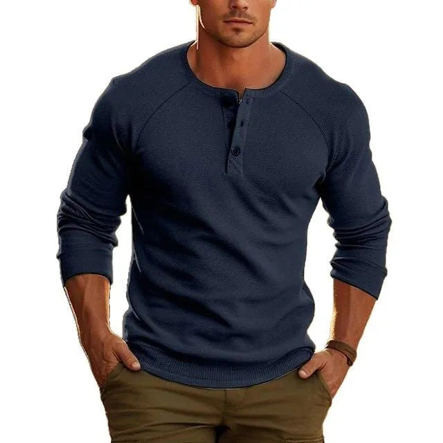 Men's cotton blend Henley collar long sleeve t-shirt in white, black, and navy blue colours