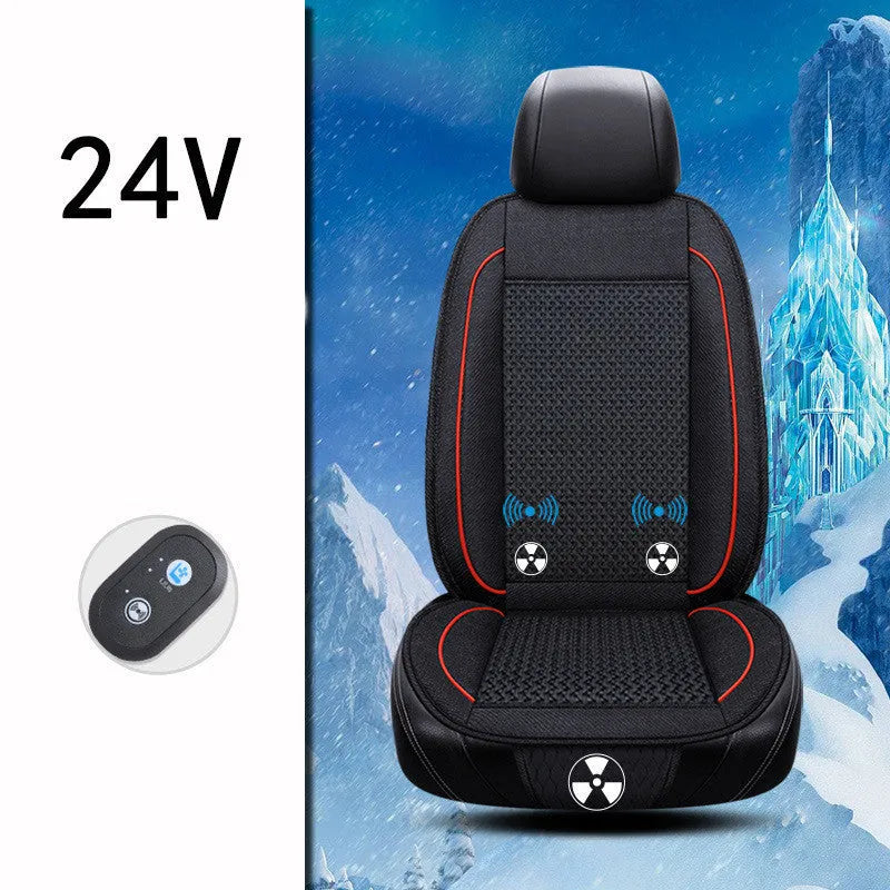 Square black car seat cushion with ventilation and massage functions on a car seat.