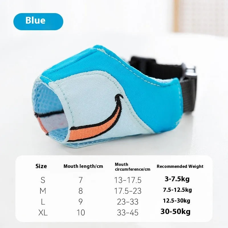 Canvas dog muzzle anti-bite cover shown in Ollie Brown Bear and Bondi Blue Shark colours with weight-based sizing