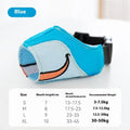 Canvas dog muzzle anti-bite cover shown in Ollie Brown Bear and Bondi Blue Shark colours with weight-based sizing