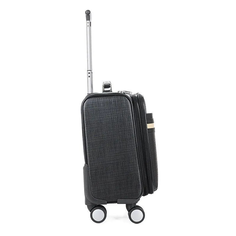 Black 18-inch PU leather business case with airplane wheels and lockable zipper