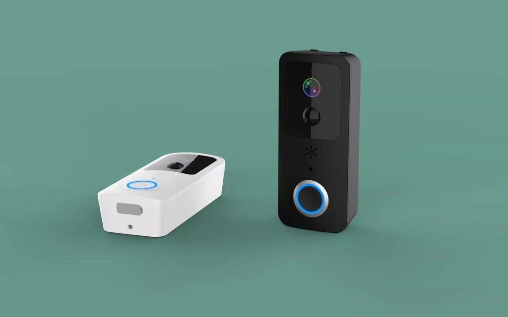 Smart home waterproof HD visual doorbell with intercom on a white or black doodle board mount.