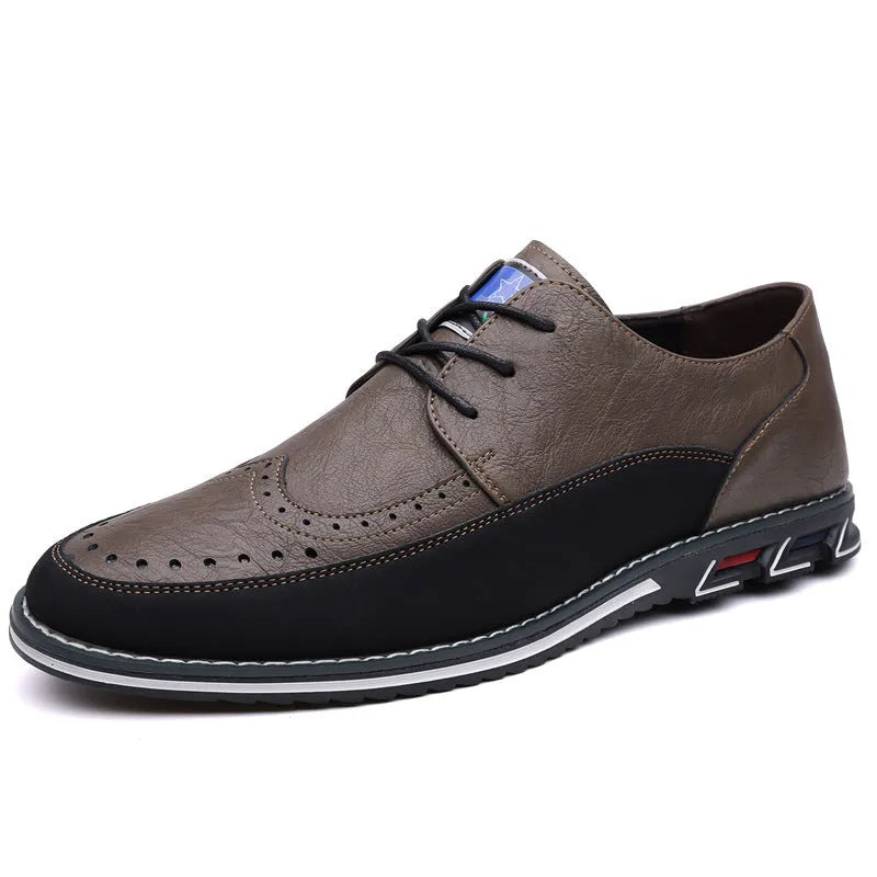Men's black leather toe cap casual shoes with a rubber sole and sewing line detail on the fabric upper.