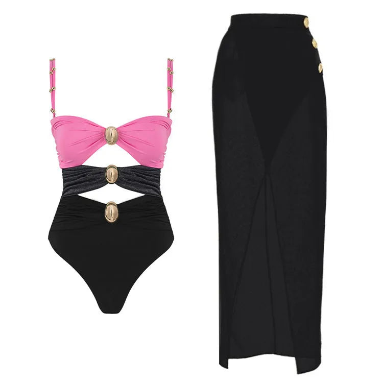 Women's solid colour one-piece swimsuit with gold buttons and detachable matching skirt