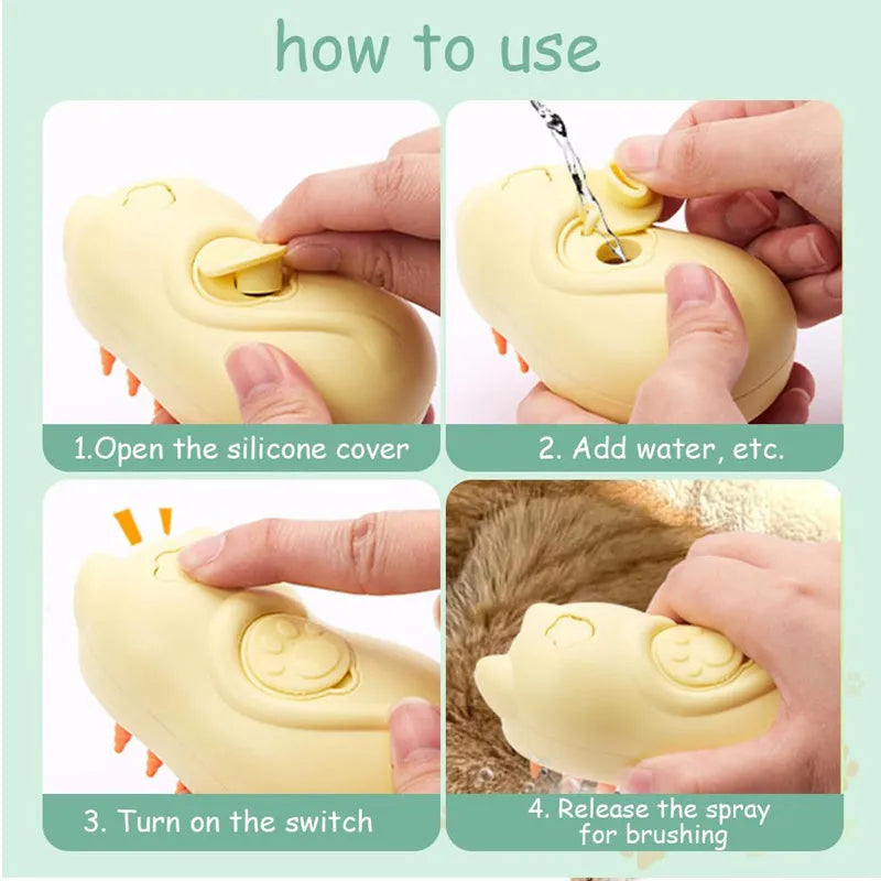 3-in-1 steamy cat and dog brush with ergonomic handle for grooming and hair removal