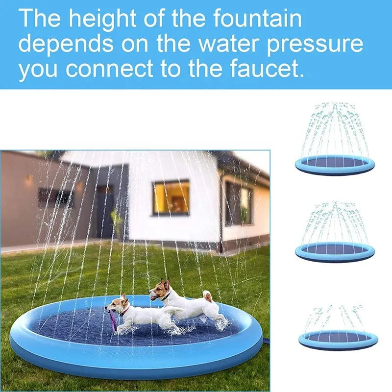 Large blue anti-slip dog splash pad filled with water in a garden, with a dog playing on it.