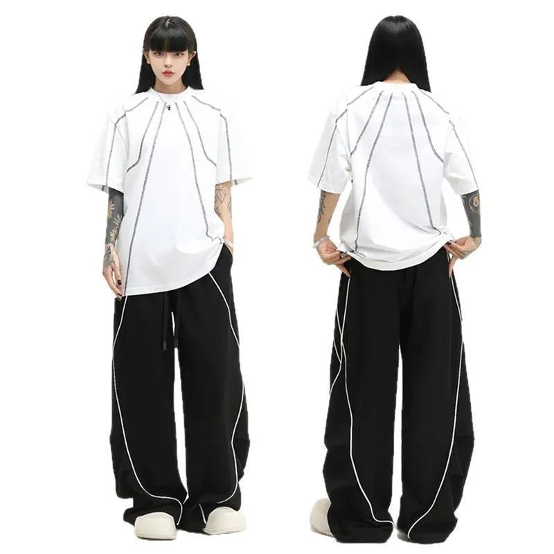 Black pleated wide-leg hip hop trousers with striped pattern and loose fit