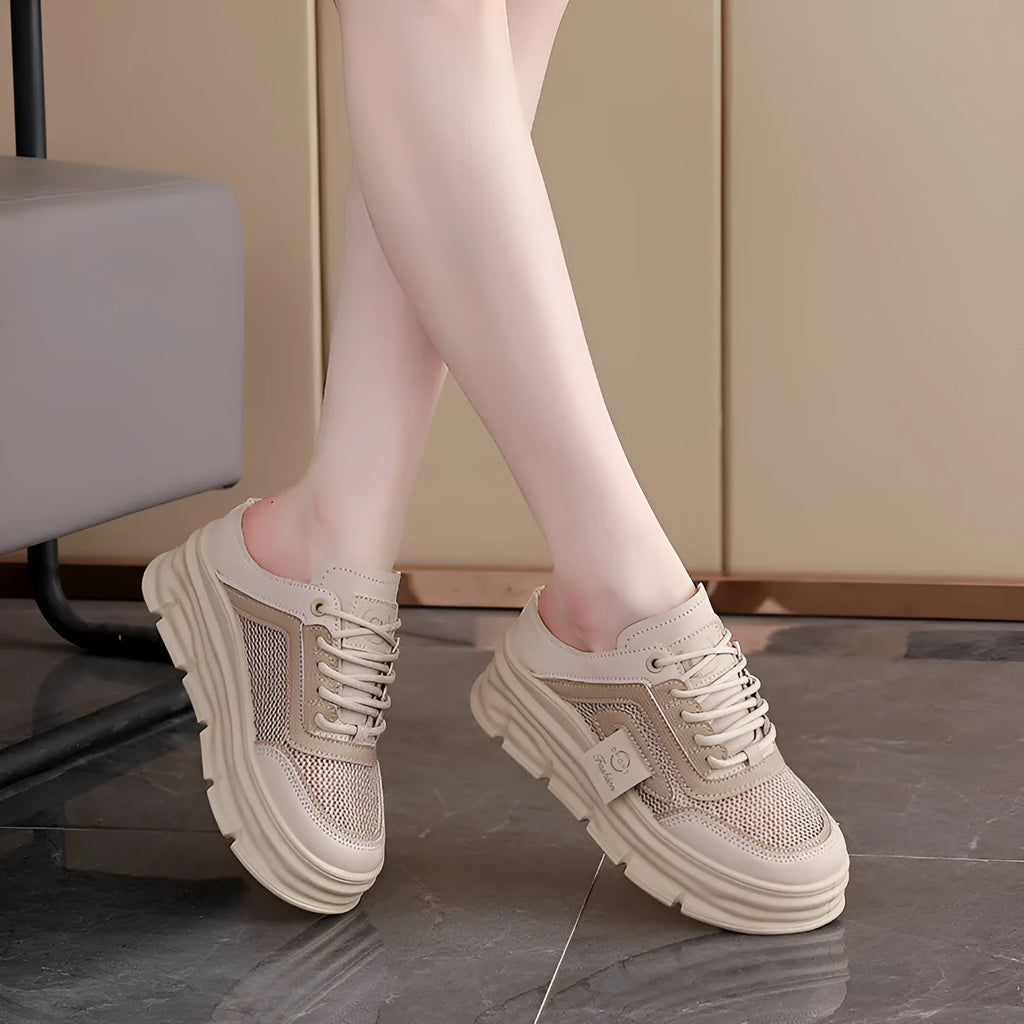 Women's mesh half slippers with height-increasing insole in black, khaki and white colours