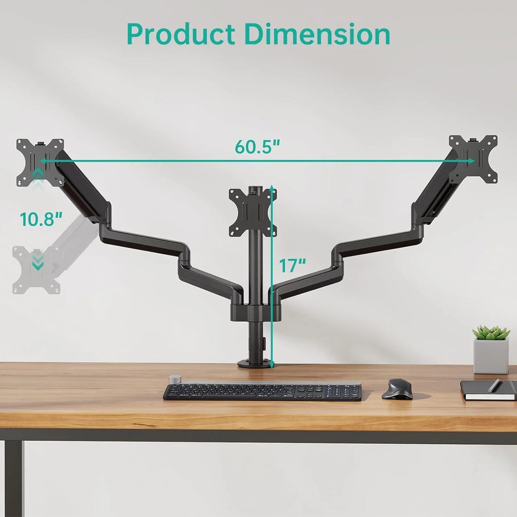 Black three-arm gas spring computer monitor arm for screens up to 27 inches