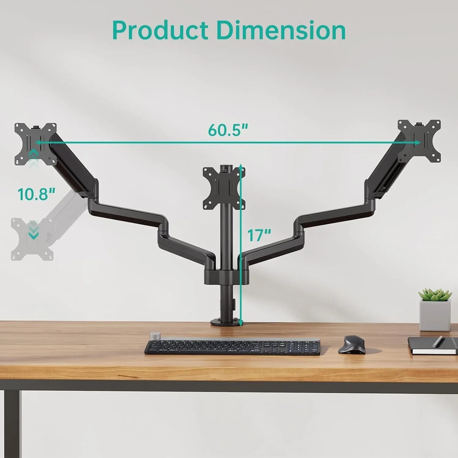 Black three-arm gas spring computer monitor arm for screens up to 27 inches