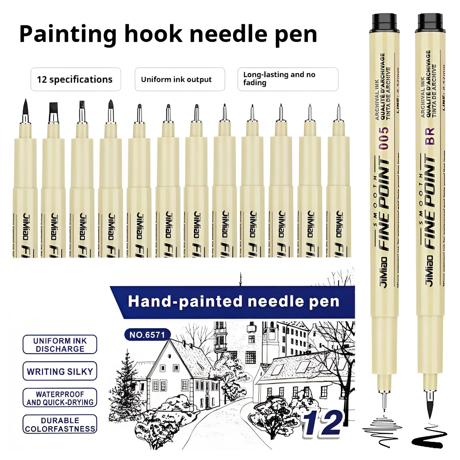 Waterproof hook tip needle drawing pen with black ink for sketch and cartoon line art.