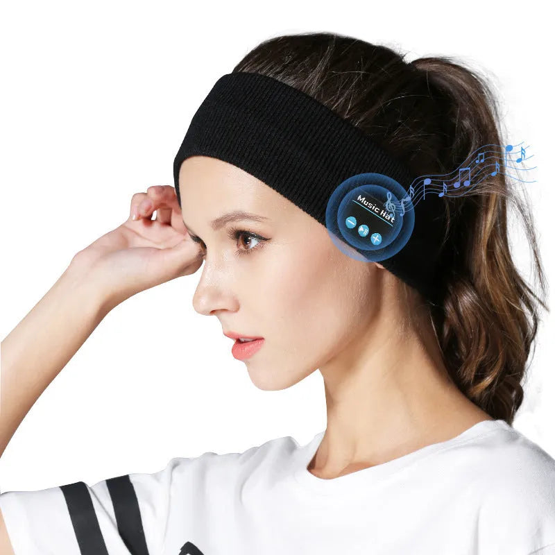 Bluetooth 5.4 sports headband in black with removable washable band and storage bag