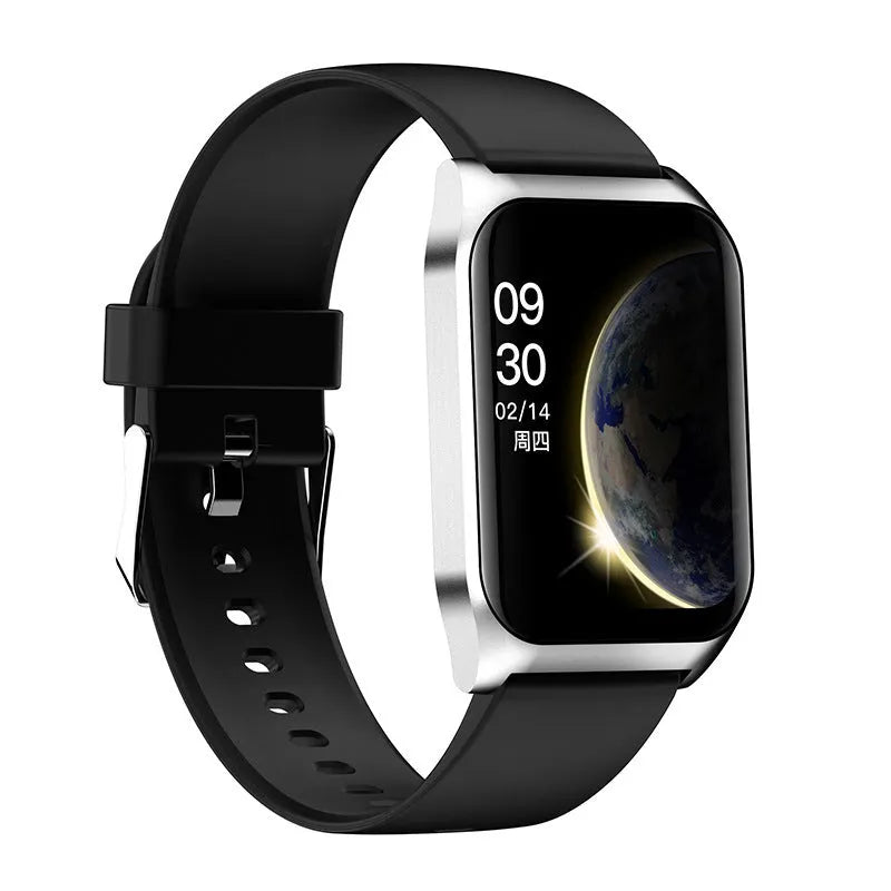 Black or silver smart watch with 1.69 inch screen showing heart rate display and Bluetooth connectivity