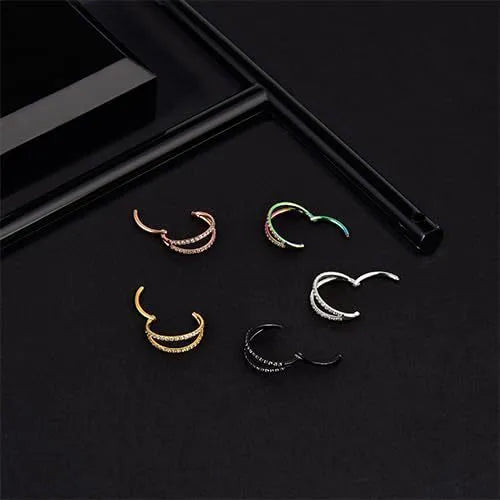 G23 titanium alloy lip and nose ring in gold or steel colour with diamond treatment, showing gauge and length sizes.