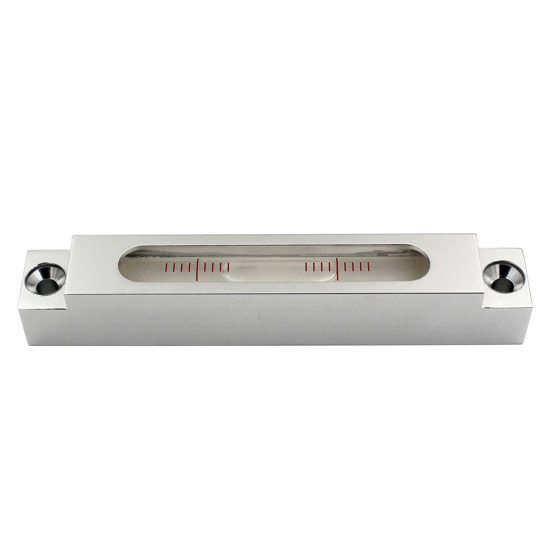Metal and glass mini strip spirit level measuring 132mm long with accuracy markings.