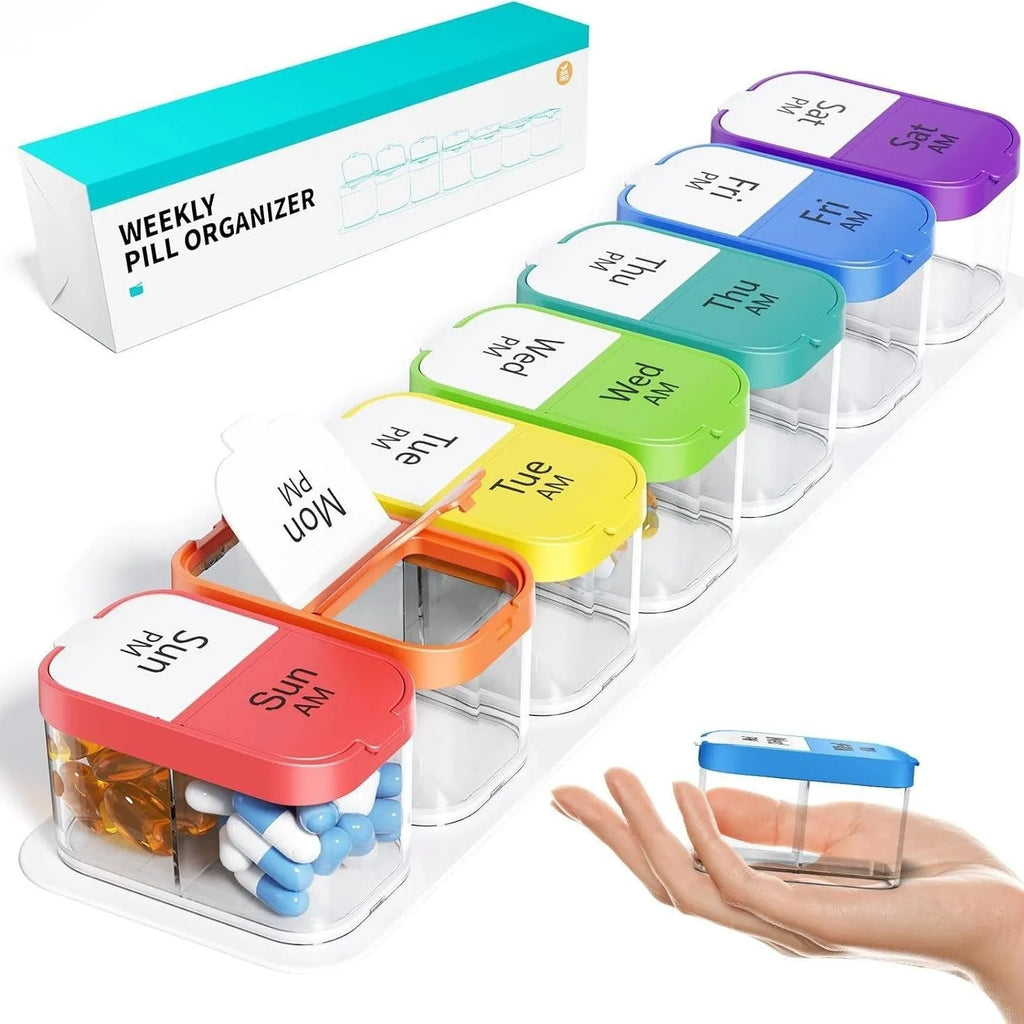 Extra large portable pill box dispenser with 14 removable grid compartments in white colour