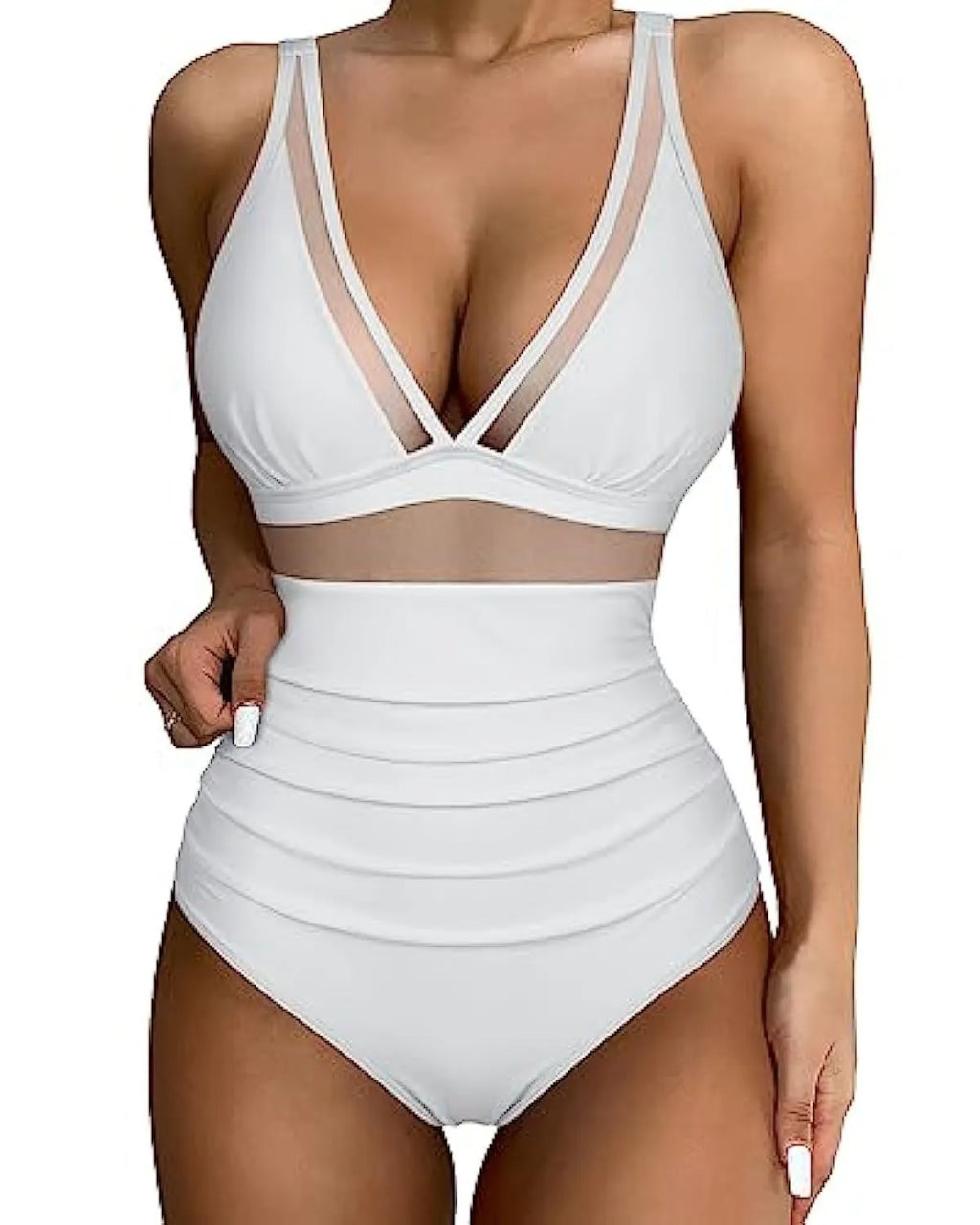 Women's high waist one-piece swimsuit in quick-drying polyester on a model, available in multiple colours and patterns.