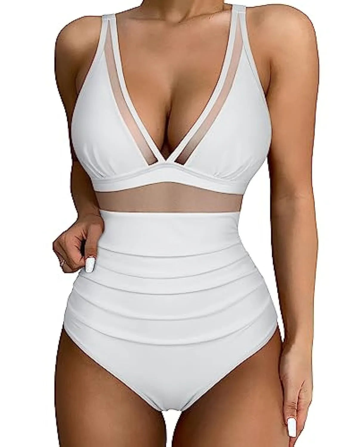 Women's high waist one-piece swimsuit in quick-drying polyester on a model, available in multiple colours and patterns.