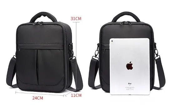 Black Oxford fabric men's messenger shoulder bag showing dimensions 24cm by 11cm by 31cm