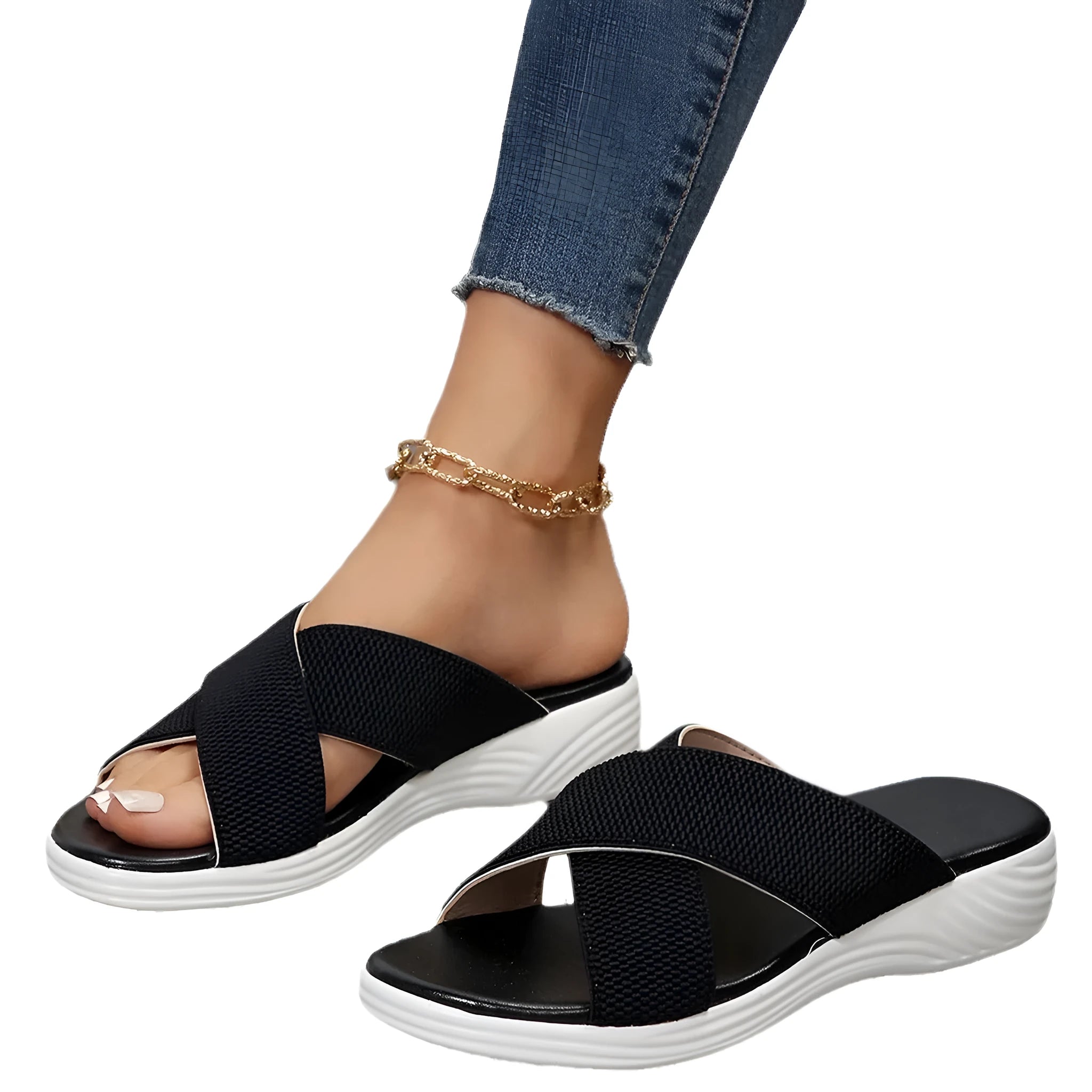 Women's black wedge peep-toe slippers with a cross-strap design and thick rubber sole.
