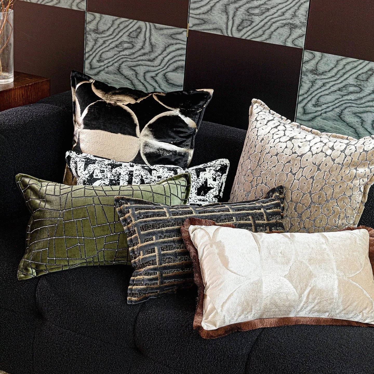 Black gold abstract pattern cushion pillow with removable cover in three size options