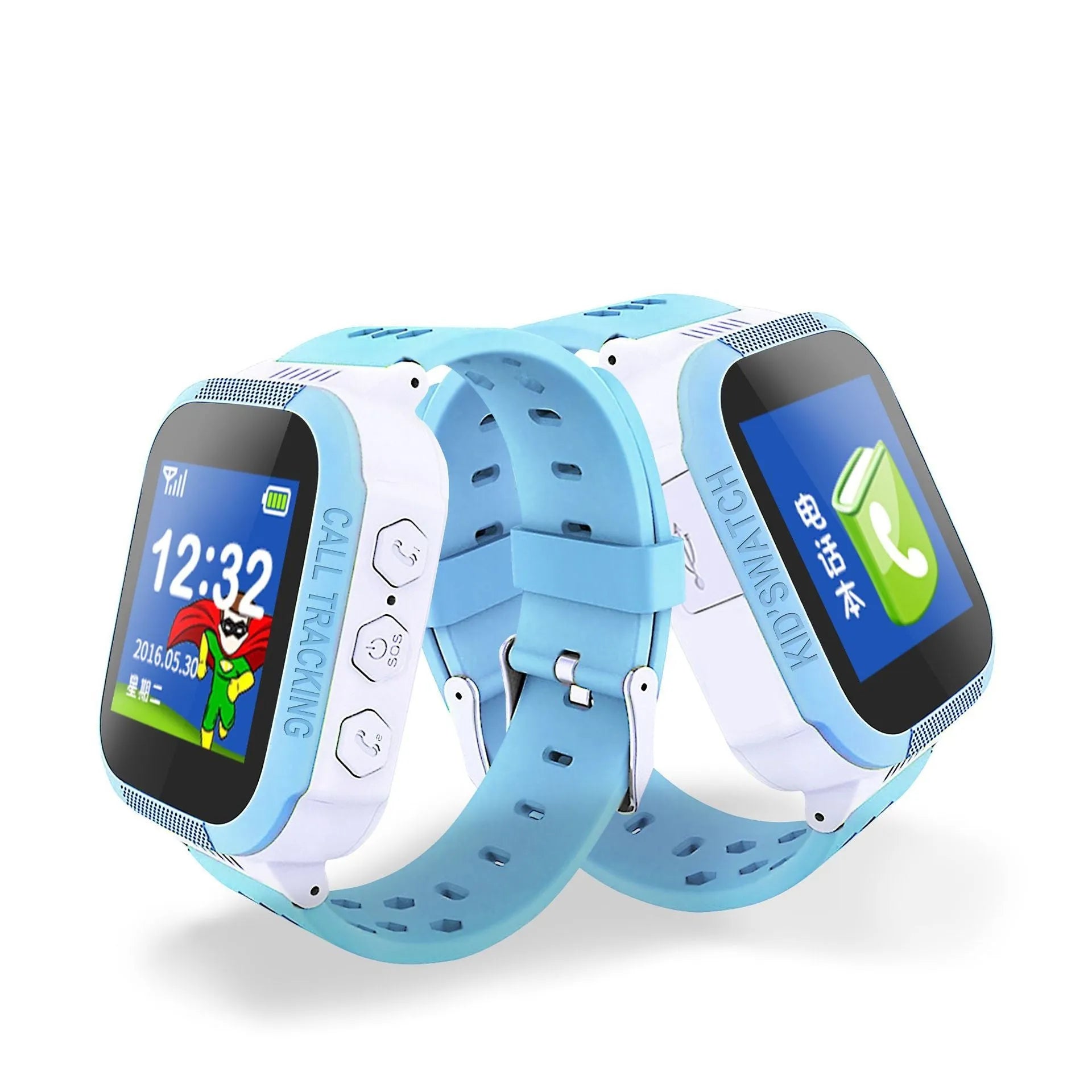 Blue children's phone watch with 1.44 inch IPS screen display