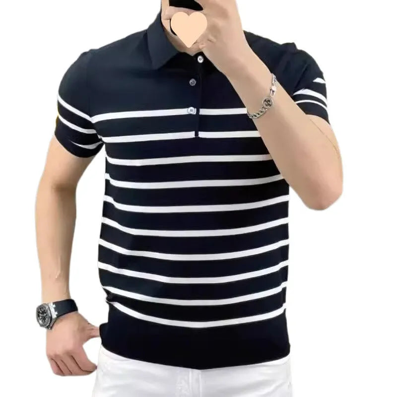 Black and white striped knitted T-shirt with a lapel collar, long sleeves, and a pullover style.