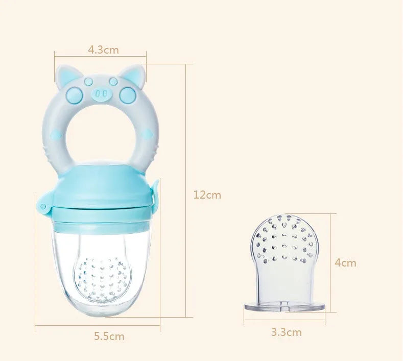 Soft silicone baby teether in blue colour with textured mouthpiece for chewing