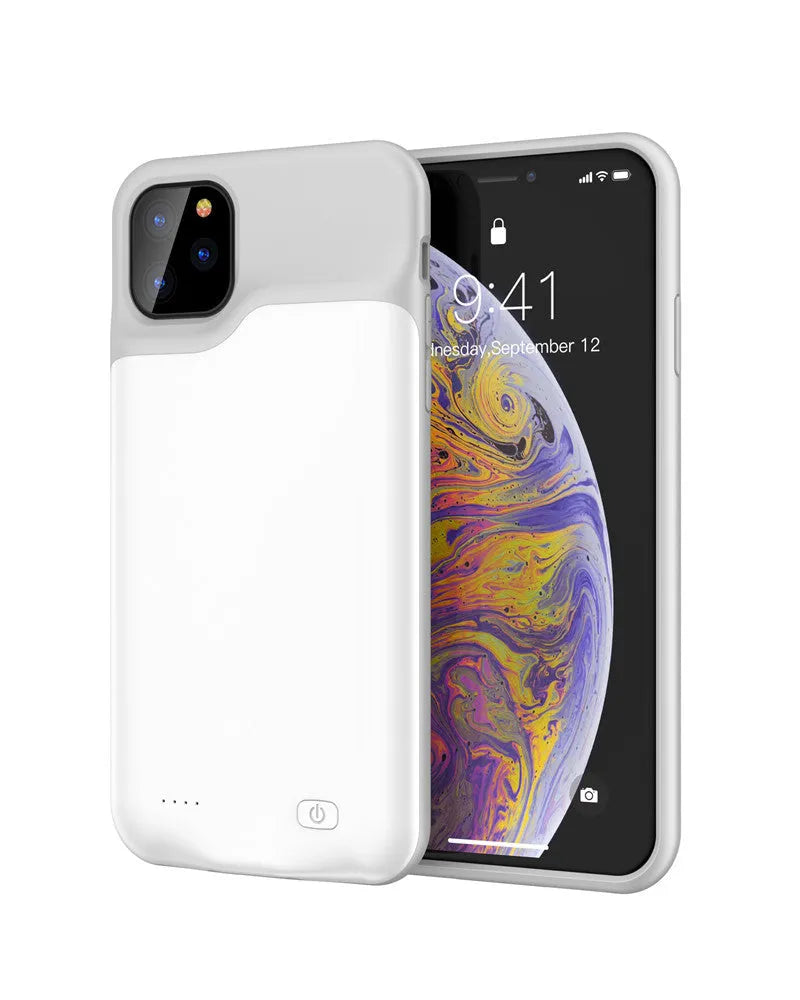 Shockproof silicone battery charger case for iPhone in black, blue, pink, or white, showing phone model compatibility.