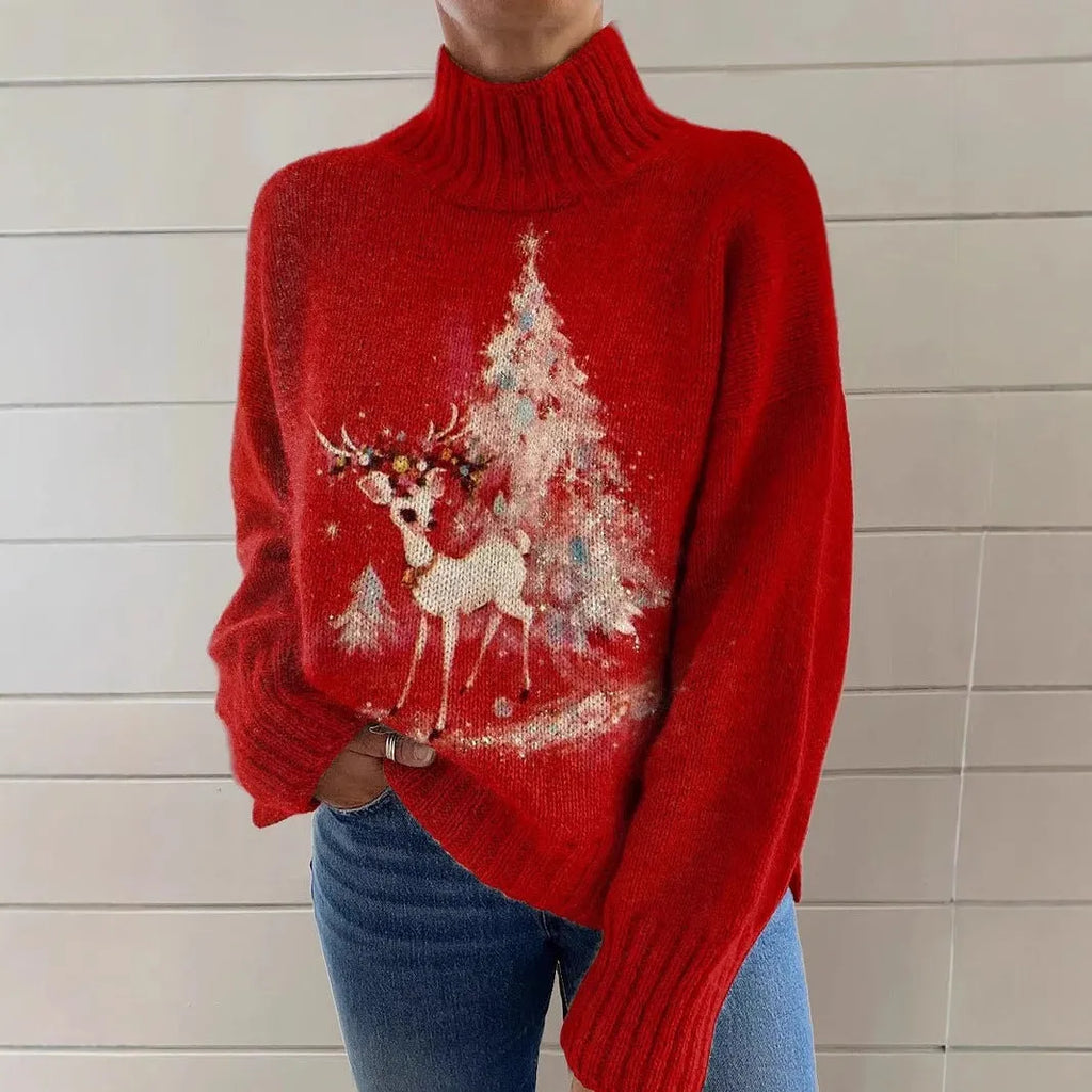 Women's loose-fit Christmas printed turtleneck sweater in a macaron colour on a hanger