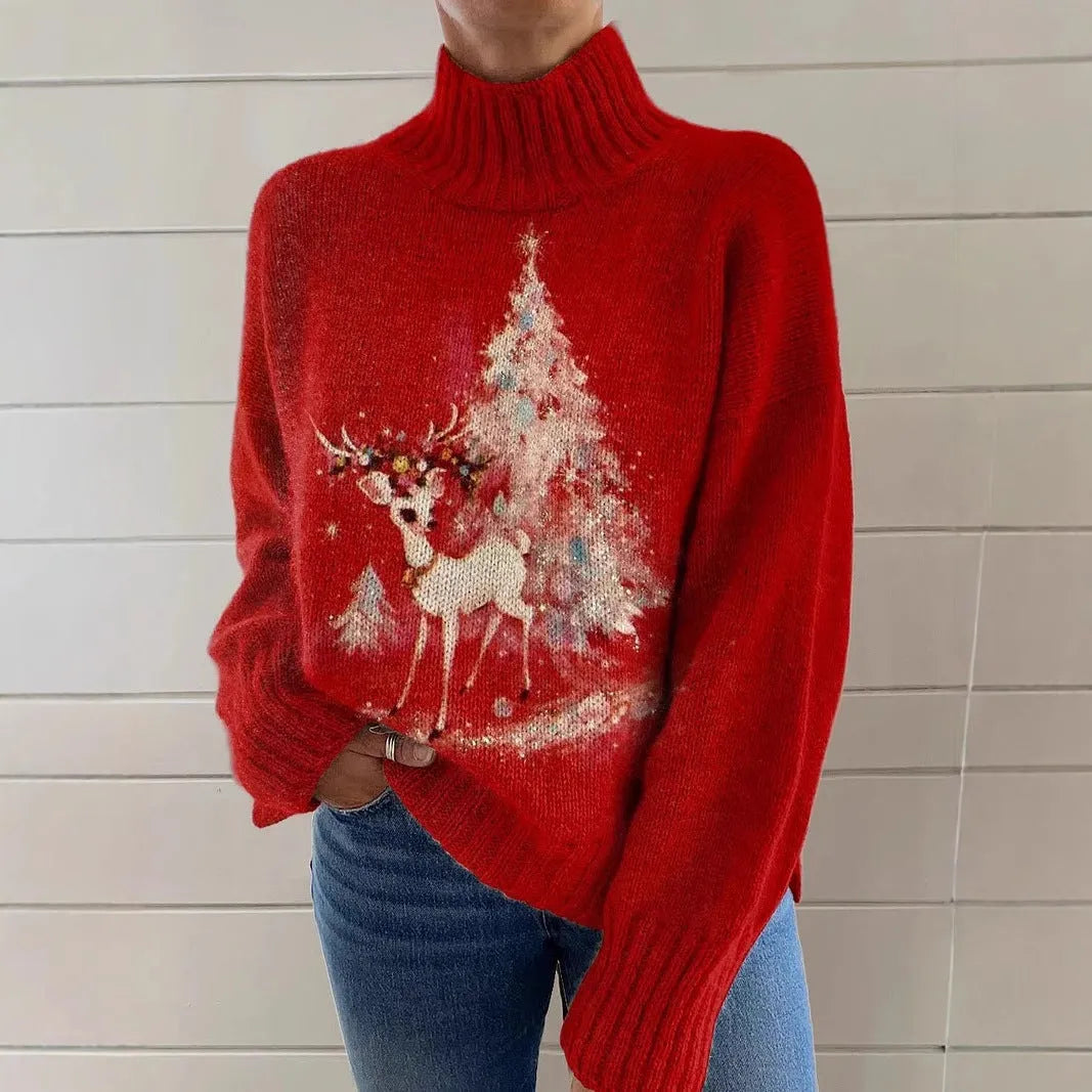 Women's loose-fit Christmas printed turtleneck sweater in a macaron colour on a hanger