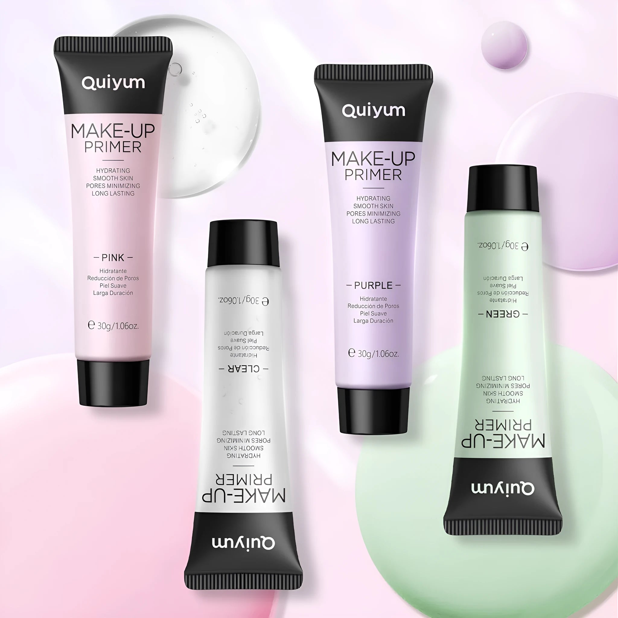30g colour-correcting makeup primer cream in green, pink, purple, and natural shades