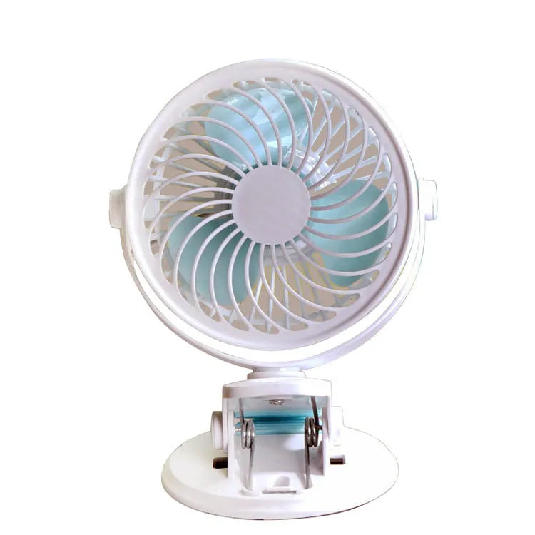 Small USB desk fan with clip attachment and floor stand options in white plastic housing
