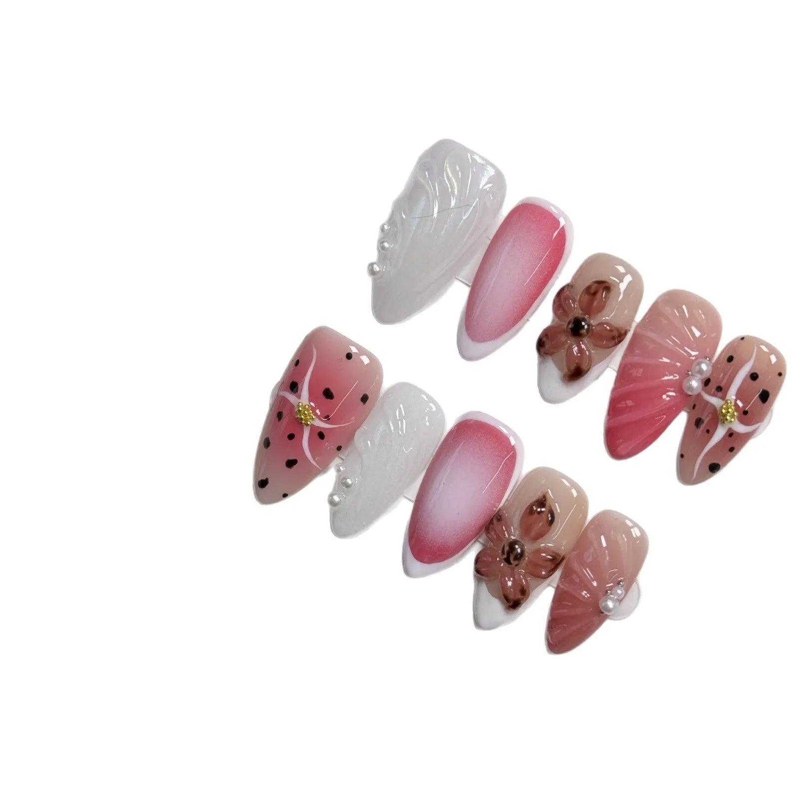 Hand-painted 3D carved nail art patches in embossed candy colours for almond-shaped nails.
