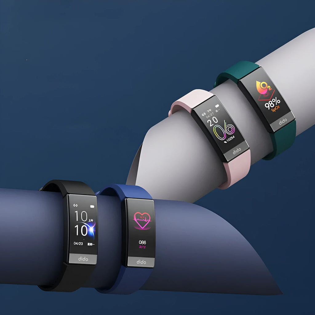 Black smart health bracelet with ECG, blood pressure, and blood oxygen monitoring on a wrist