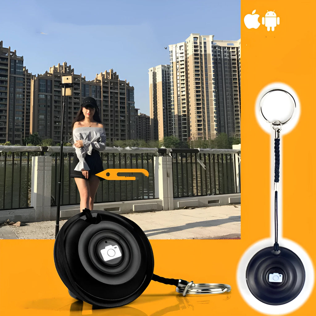 Black Bluetooth remote control for wireless camera and phone photography with 10m range