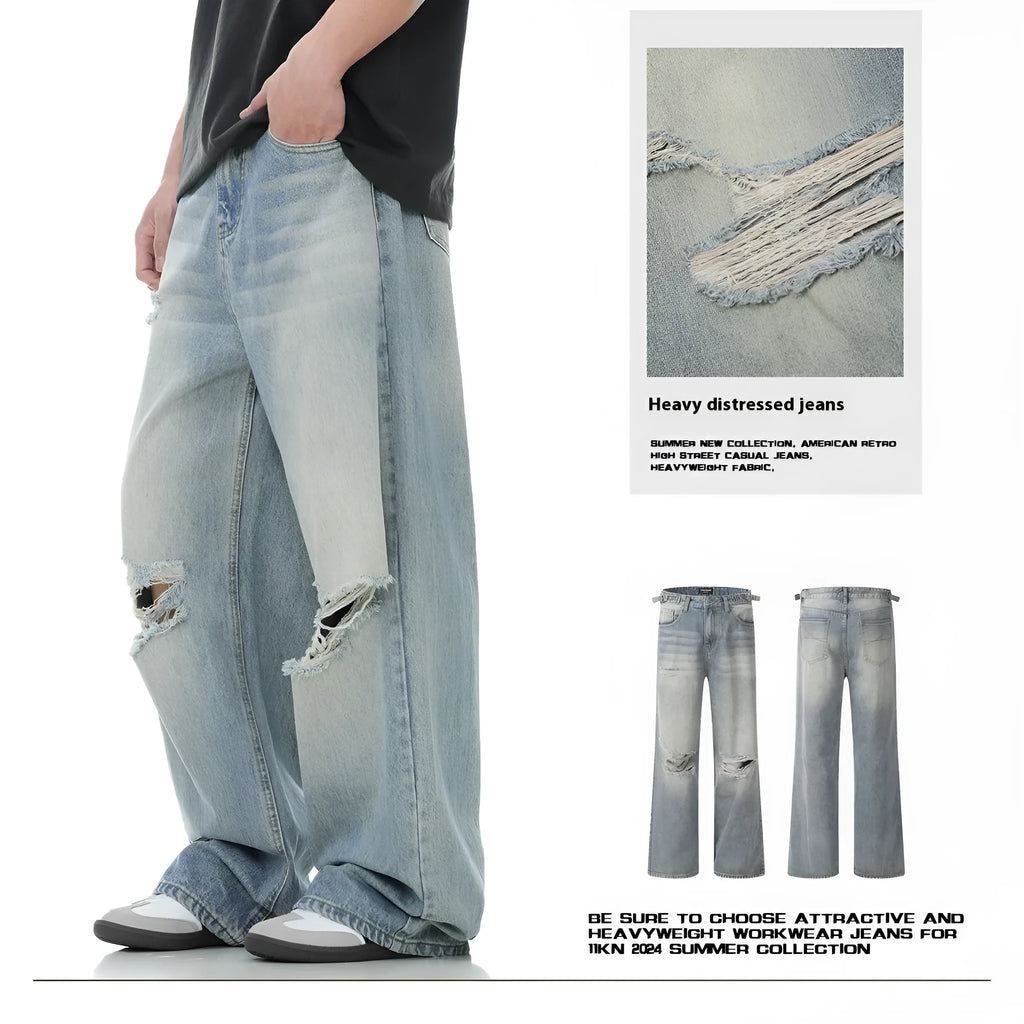 Men's blue straight-leg jeans with retro styling and zipper fly